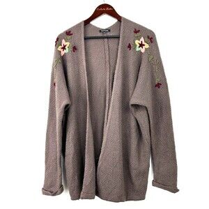Pink Clover Womens Open Front Mauve Embroidered Floral Cardigan Size L 1251H4